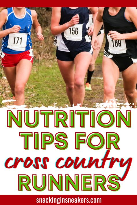 A group of cross country runners starting a race, with a text overlay that says nutrition tips for cross country runners. Cross Country Runner Diet, Best Foods For Cross Country Runners, Cross Country Running Diet, Cross Country Team Snacks, Cross Country Diet, Cross Country Snack Ideas, Xc Meet Packing List, Middle School Cross Country Workouts, Cross Country Snacks