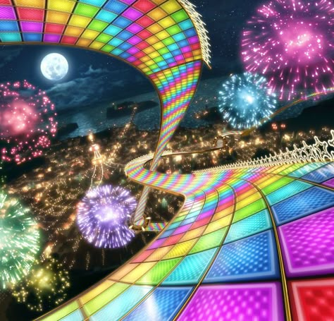 Mushroom Gorge Mario Kart, Video Game Background Aesthetic, Rainbow Road Mario Kart Aesthetic, Rainbow Space Aesthetic, Mario Kart Background, Moviestarplanet Aesthetic, Wii Aesthetic Wallpaper, Mario Kart Rainbow Road, Rainbow Road Mario Kart