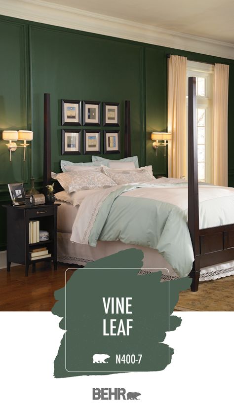 If you’re looking for a dark and moody wall color for your next DIY home makeover project, explore this forest green paint color palette. Deep Behr Paint shades like Vine Leaf, Silken Pine, and Pinecone Hill are sure to add a touch of drama to your walls. Click below for more interior design inspiration. Emerald Green Bedroom Walls, Emerald Green And Grey Bedroom, Green Painted Walls Bedroom, Dark Blue Green Paint Colors, Dark Sage Green Bedroom, Green And Brown Bedroom, Forest Green Paint Color, Bedroom Hygge, Bedroom Chic