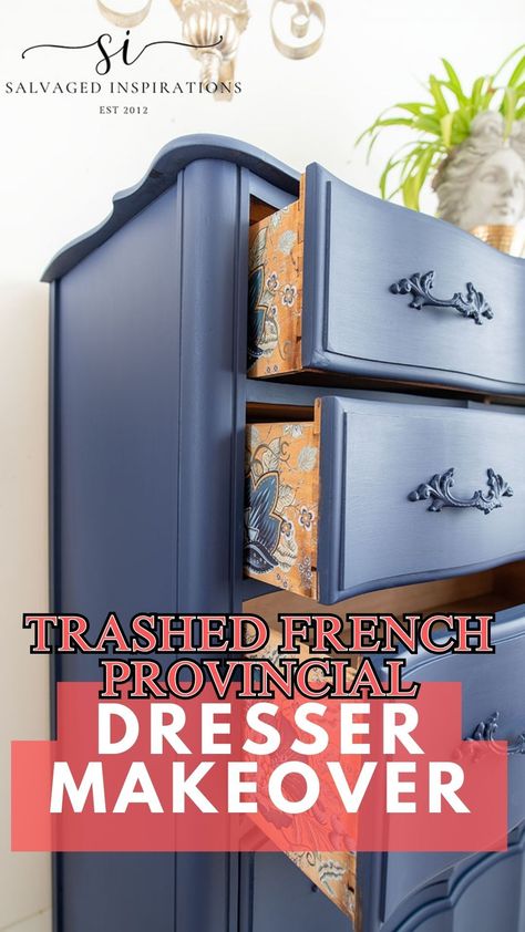 Trashed French Provincial Dresser Makeover | Salvaged Inspirations I Found This Trashed French Provincial Dresser And Turned It Into A Nautical Beauty. I Had To Pick It Up Because I Have A Soft Spot For FP Furniture, Even Though It Looked Like A Hot Mess. I’m Super Happy With How This Dresser All Came Together And I’m Also Curious As To How It Would Look In Raw Wood. #siblog #salvagedinspirations #frenchprovincialdresser #dressermakeover #furnituredresser #paintingfurniture #furniturepainting French Chic Paint, Painted French Provincial Furniture, Painted French Provincial Dresser, Refinished Dresser Diy, Provincial Dresser Makeover, French Blue Paint, Antique Dresser Makeover, French Provincial Dresser Makeover, Chest Of Drawers Makeover