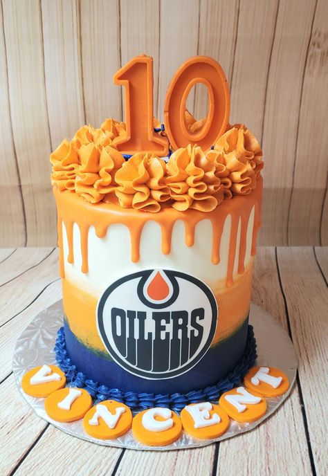 Nhl Cake Ideas, Edmonton Oilers Cake, Hockey Themed Cake, Ice Hockey Cake, Hockey Cakes For Boys, Nhl Cake, Oilers Cake, Hockey Birthday Cake, Hockey Cake