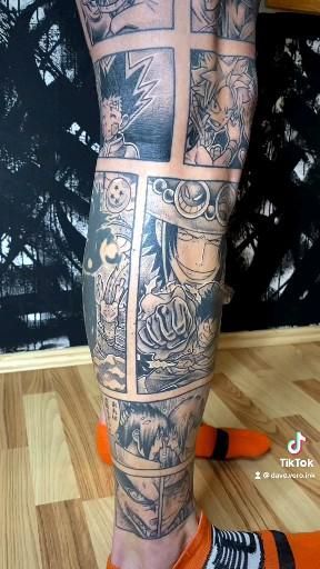 Anime Panel Tattoo Leg Sleeve, Anime Sleeve Tattoo Design, Anime Arm Tattoo Sleeve, Anime Leg Tattoo Men, Manga Panels Tattoo Ideas, Manga Panel Tattoo Sleeve, Anime Calf Tattoo, Anime Knee Tattoo, Anime Collage Tattoo