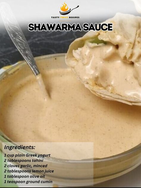 Shawarma Sauce Ingredients: 1 cup plain Greek yogurt 2 tablespoons tahini 2 cloves garlic, minced 2 tablespoons lemon juice 1 tablespoon olive oil 1 teaspoon ground cumin 1/2 teaspoon paprika Salt and black pepper to taste 2 tablespoons chopped fresh parsley (optional) Instructions: Combine Ingredients: In a mixing bowl, combine the Greek yogurt, tahini, minced garlic, lemon juice, olive oil, ground cumin, paprika, salt, and black pepper. Mix Well: Whisk the ingredients together until wel... Shawarma Sauce, Instagram Recipes, Twisted Recipes, Trending Recipes, Plain Greek Yogurt, Fresh Parsley, Tahini, Minced Garlic, Lemon Juice