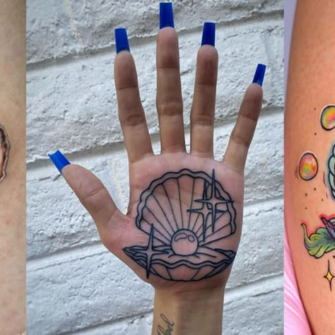 Inner Hand Tattoos For Women, Hand Tattoos Traditional, Traditional Hand Tattoos, Clam Shell With Pearl, Cuticle Tattoos, Hand Palm Tattoos, Shell With Pearl, Palm Tattoo, Traditional Hand Tattoo