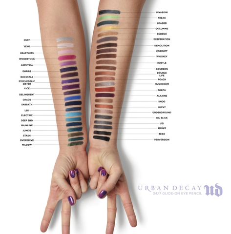 Urban decay - 24/7 glide on eye pencil - swatches Urban Decay Eyeshadow Tutorial, Mushroom Makeup, Urban Decay Eyeshadow Singles, Eyeshadow Tutorial Natural, Urban Decay Eyeliner, Urban Decay Eyeshadow Palette, Urban Decay Eyeshadow Primer, Waterproof Eyeliner Pencil, Eyeshadow For Blue Eyes