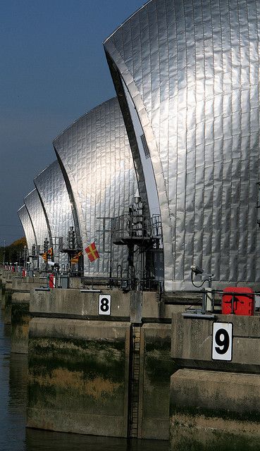 Thames Barrier  London   by ruthhallam, via Flickr - another example of the OIL CANNING effect on light gauge metal panel sheets that became part of the building facade design. Cheers - YL Thames Barrier, Steel Gates, Main Gates, London Icons, London Sights, Main Gate, London Places, Building Facade, London Town