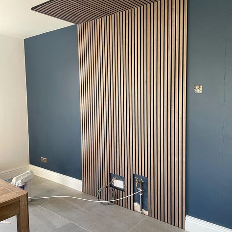 Acupanel® Luxury Slat Wood Panelling Inspiration Wooden Panelling Walls Interior Design, Wood Panelling Accent Wall, Wood Slat Accent Wall Kitchen, Slat Wall Lounge, Living Room Decor With Paneling, Wood Slat Panelling, Lounge Wood Panelling, Wood Panelling Lounge, Mcm Wood Paneling