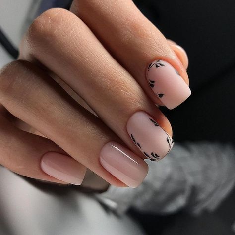 tiny-black-leaves-drawn-with-black-acrylic-on-two-nude-matte-nails-the-rest-of-the-nails-on-the-hand-are-glossy Elegant Nail Art, Pink Manicure, Nude Nail Polish, Work Nails, Bride Nails, Ballerina Nails, Nails 2020, Elegant Nails, Minimalist Nails