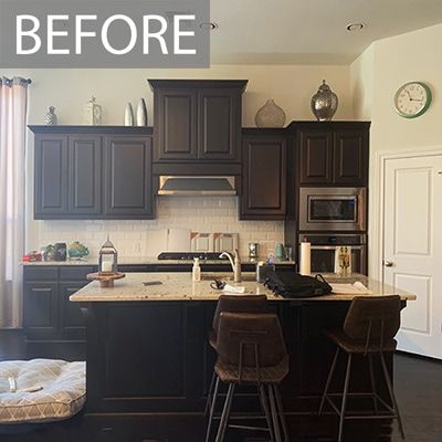 Dark Kitchen Remodel Before And After, Dark Cabinets To White Before And After, Painting Brown Kitchen Cabinets, How To Paint Dark Cabinets White, Dark Kitchen Cabinets 2023, Dark Brown Cabinets Kitchen Paint, Kitchen Ideas Brown And Black, Kitchen Paint Before And After, White And Espresso Kitchen Cabinets