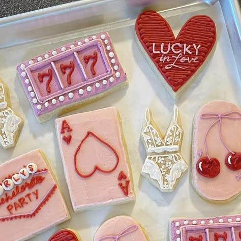 Lucky In Love Cookies, Vegas Themed Bridal Shower Ideas, Lucky Bachelorette Party, Lucky In Love Bachelorette Party Decor, Lucky In Love Theme, Lucky In Love Bachelorette, Lucky In Love Engagement Party, Lucky In Love Bachelorette Party, Vegas Cookies