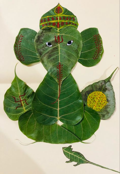 Jai shri ganesh,,, bhagwan ganesh made with pipal leaves by @n!$#@ Ganesh Decoration With Leaves, Ganesh With Leaves, Jai Shri Ganesh, Nursery Class Activities, Bhagwan Ganesh, Ganesh Rangoli, Ganpati Decoration Theme, Simple Flower Rangoli, Welcome Home Decorations