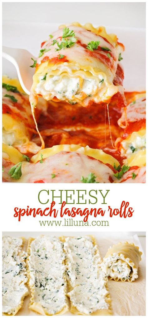 Spinach Lasagna Rolls are everything you love about lasagna, but EASIER! Individual portions make a great lunch or weeknight dinner. #spinachlasagnarolls #spinachlasagna #lasagnarolls #lasagna Meatless Monday Recipes Dinner Ideas, Spinach Lasagna Roll Ups Recipe, Vegetarian Lasagna Roll Ups, Family Vegetarian Meals, Meatless Lasagna, Meatless Meals Healthy, Asian Steak Bites, Spinach Lasagna Rolls, Lasagna Roll Ups