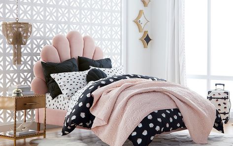 Tips for Decorating with Black & White Featuring our New Emily & Meritt Designs - Pottery Barn Upholstered Bed Ideas, Embroidered Seashell, Shell Bed, Pink Bed, Girls Bedroom Furniture, Emily And Meritt, Study Furniture, Quilted Sham