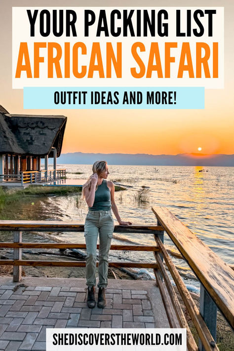 Planning an African safari, but don't know what to pack? This Africa safari packing list covers what to wear, outfit ideas, packing tips, and a free printable check list. Safari outfits | What to wear on safari | African safari packing | how to dress Africa safari | Tanzania packing list | Safari Packing Tips | South Africa packing list | Kenya | Serengeti | Safari Trips | Safari Travel | Safari check list African Trip Outfits, Safari Packing List South Africa, African Safari Packing List, Africa Travel Outfit, South Africa Outfits What To Wear, African Safari Outfit, South Africa Packing List, What To Wear On Safari, Safari Packing List