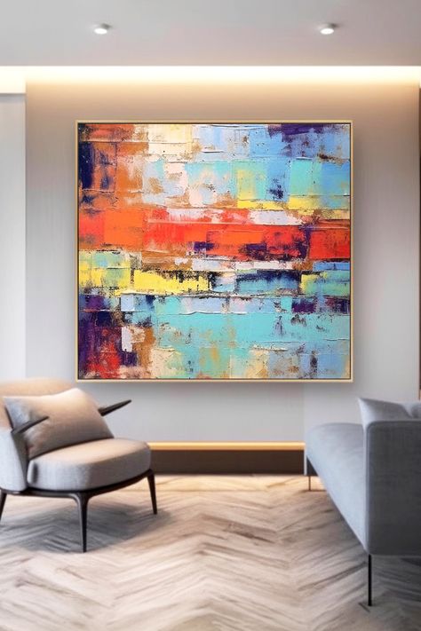 Vibrant abstract landscape painting with bold blue, orange, and yellow brushstrokes creating a dynamic colorful composition Abstract Landscape Painting, Handmade Artwork, Colorful Wall Art, Large Abstract, Colorful Abstract, Something Beautiful, Landscape Painting, Abstract Landscape, Abstract Art Painting