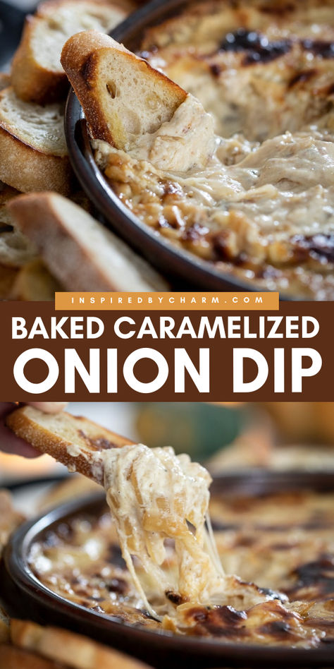 A simple summer dip for entertaining! Creamy and rich in flavor, this Baked Caramelized Onion Dip is a winner every time. Save this easy onion dip recipe and enjoy this summer appetizer for party! Best Football Appetizers, Recipe For Cold Weather, Baked Dip Recipes, Party Appetizer Dips, Yummy Appetizers Parties, Onion Dip Recipe, Dip Recipes Appetizers, Caramelized Onion Dip, Onion Dip