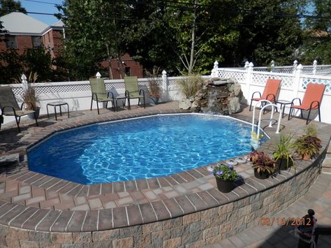 semi inground pools with decks | High Rise Semi-Inground Pool Inground Pool Cost, Radiant Pools, Semi Inground Pool, Small Inground Pool, Swimming Pool Kits, Inground Pool Designs, Inground Pool Landscaping, Pool Cost, Best Above Ground Pool