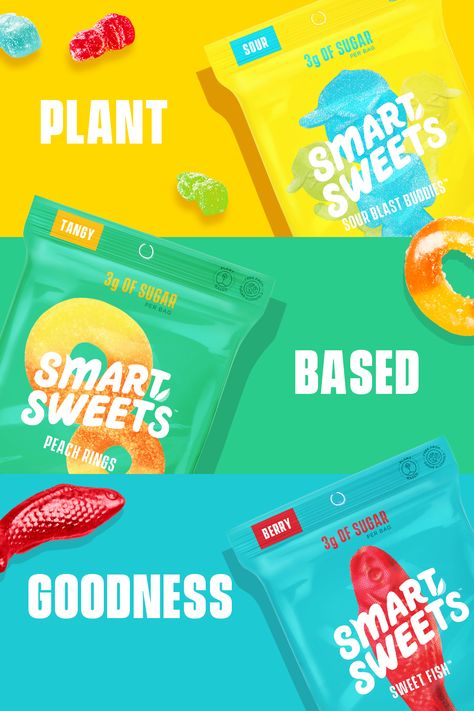 SmartSweet’s plant-based Peach Rings, Sweet Fish and Sour Blast Buddies are SO yummy, you won’t believe they're free from added sugar, sugar alcohols or artificial flavors! 😍 Candy Ads Creative, Gummy Packaging Design, Fruit Candy Packaging Design, Sour Candy Packaging Design, Smart Sweets, Candy Ads, Smart Sweets Gummies, Gummy Candies, Healthy Candy