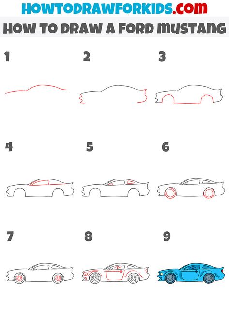 How to Draw a Ford Mustang - Easy Drawing Tutorial For Kids Easy Car Sketch, Car Drawing Simple, Mustang Drawing Easy, How To Draw A Ford Mustang, Fox Body Mustang Drawing, Ford Mustang Drawing, Mustang Car Drawing, Car Drawing Mustang, Simple Car Drawing