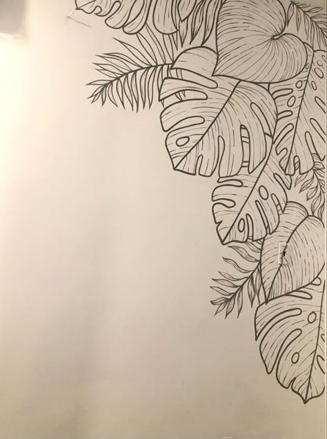 Monstera Leaf Sketch, Monstera Wall Mural, Mural Ideas Easy, Tropical Leaf Drawing, Diy Wall Mural Ideas, Creative Line Art, Diy Wall Mural, How To Start Painting, Abstract Tattoo Ideas