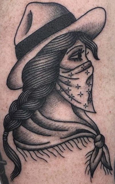 Chest Tattoo Traditional Women, Cowgirl Portrait Tattoo, Outlaw Women Tattoo, Western Girl Tattoo, Western Gothic Tattoo, Western Pinup Tattoo, American Traditional Western Tattoo, Traditional Western Tattoo, Western Flash