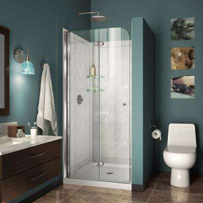 Aqua Fold 32 in. D x 32 in. W x 74 3/4 in. H Bi-Fold Shower Door in Chrome with Shower Base and Backwalls Bifold Shower Door, Small Showers, Tub Doors, Frameless Shower Doors, Shower Base, Small Bath, Bathroom Remodel Shower, Frameless Shower, Downstairs Bathroom