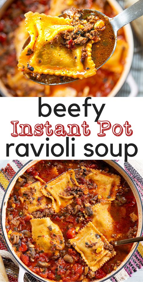 Beefy ravioli soup is like a warm hug at the end of a busy, cold day. It's so easy in your Instant Pot. Serve with warm crusty bread and you're golden! Beef Ravioli Soup, Instant Pot Ravioli, Beef Ravioli, Ravioli Soup, Homemade Chicken Soup, Hot Bread, Crock Pot Recipes, Instant Pot Soup Recipes, Instant Pot Soup