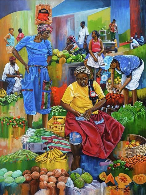 African Portraits Art, Jamaican Art, Africa Art Design, Haitian Art, Jamaican Culture, African Paintings, Market Day, Caribbean Art, African Art Paintings