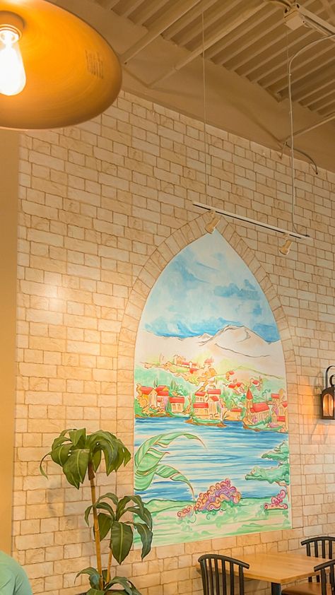 #mediterranean #mural Mediterranean Mural, Restaurant Mural, Coffee Shop Names, Mediterranean Restaurant, Cafe Bar, Middle Eastern, Garden Ideas, Coffee Shop, Mural