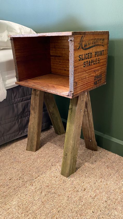 Old wooden staple crate upcycled to bedside table Wooden Crate Bedside Table, Crate Bedside Table, Bed Tables, Rustic Bedside Table, Memory Boards, Memory Board, Table Diy, Wooden Crate, Diy Table