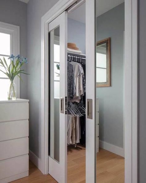 10 Best Closet Door Alternatives for %%currentyear%% | %%sitename%% Pocket Door Ideas, Mirror Pocket Door, Closet Door Alternative, Closet Door Ideas, Door Alternatives, Bedroom Closet Doors, Mirrored Doors, Sliding Pocket Doors, Sliding Closet Doors