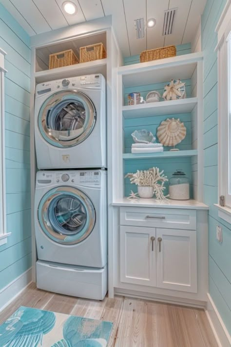 Stacked Laundry Room Ideas, Coastal Laundry, Stacked Laundry, Stacked Laundry Room, Dream Beach House, Beach House Interior Design, Coastal Artwork, Dream Beach Houses, Seaside Decor