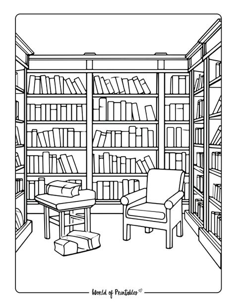 Reading Coloring Pages, Room Coloring Pages, Library Drawing, Magic Screen, World Of Printables, Cozy Bedrooms, Etch A Sketch, Interior Design Sketch, Sketch Videos