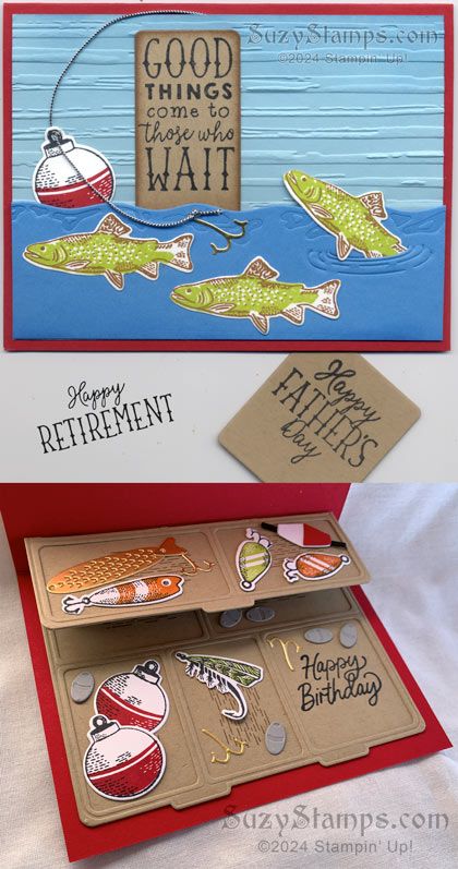 Stampin' Up! Masculine Cards - 2024-05 Stampin' Class - Gone Fishing Stamp Set, Beautiful Balloons Stamp Set, Gone Fishing Dies, Stripes & Splatters 3D Embossing Folders, Simply Elegant Trim, Blending Brushes Fishing Cards For Men, Su Gone Fishing Cards, Fishing Dies, Stampin Up Gone Fishing Cards, Gone Fishing Stampin Up Cards, Stampin Up Gone Fishing, Fishing Birthday Cards, Fish Cards, 3d Embossing Folders