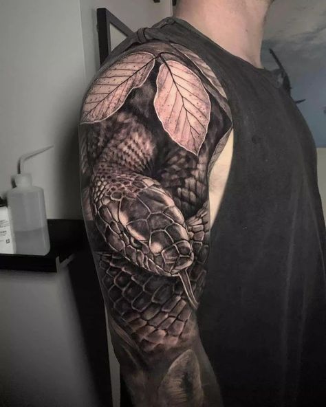 Snake Jungle Tattoo, Cobra Arm Tattoo, Realism Snake Tattoo, Snake Tattoo Shoulder, Snake Tattoo Sleeve, Snake Tattoo Men, Snake Shoulder Tattoo, Snake Sleeve Tattoo, Tattoo Cobra