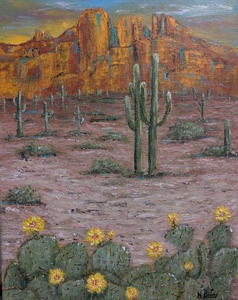 This is an 11 x 14 acrylic on canvas impasto palette knife/brush original painting of the Arizona Desert late day. #artistofinstagram❤️ #artoftheday🎨 #acryliconcanvas #acryliccanvaspainting #desertpainting #cactuspainting #wallart #walldecoration #paintingoftheday #paintingoftheday🎨 #desertart Arizona Painting, Desert Landscape Painting, Cactus Painting, Desert Painting, Desert Art, Canvas Painting Designs, Arizona Desert, July 28, Acrylic Canvas