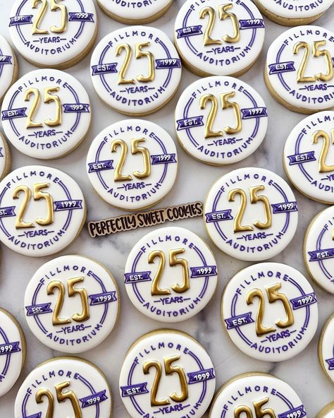 It was such an honor to make cookies for @fillmoreden 25th anniversary! Happy birthday!! Welcome to Denver @realmarcusking ##northglenncookies #coloradosweets #customcookiescolorado #northglenneats #sweettreatsdenver #milehighcookies #localbakeries #coevents #personalizedcookies #coloradobakery #northglennparties #denverdesserts #cookieartist #coloradobrides #northglenn #arvada #westminster 25th Birthday Cookies Decorated, High School Reunion Cookies Decorated, Work Anniversary Cookies, 25th Anniversary Cookies, 100th Birthday Cookies, Company Anniversary, Anniversary Cookies, 25 Year Anniversary, Personalized Cookies