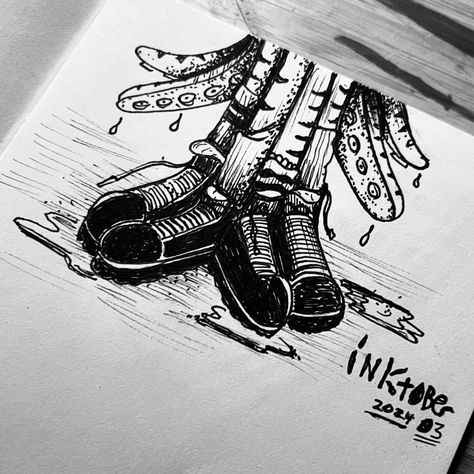 #inktober2024 : Boots - @inktober #inktober #inktober2024boots #boots #octopus #socks #tenticles #squid #monster #ocean #docmartens #punk #nancysinatra #shoes #puddle #rain #illustration #sketchbook #notebook #artjournal #drawing #doodle Inktober 2024 Boots, Inktober 2023 Bounce, Bounce Inktober, Inktober 2021 List, Discover Inktober, Octopus Illustration, Nancy Sinatra, Octopus, Art Journal