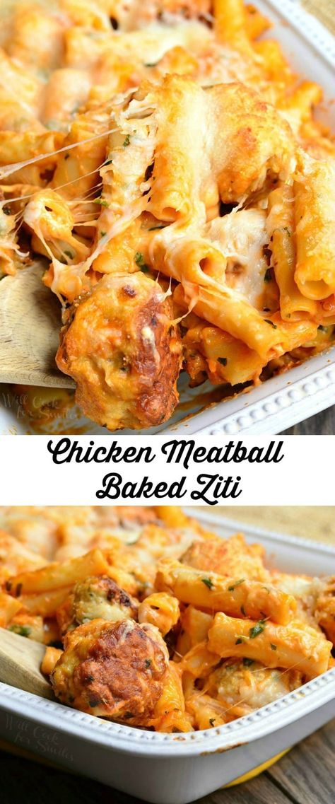 Chicken Meatball Baked Ziti | from willcookforsmiles.ocm #dinner #comfortfood #chicken Meatball Baked Ziti, Ziti Chicken, Chicken Alfredo Baked Ziti, Alfredo Baked Ziti, Baked Ziti With Chicken, Baked Chicken Meatballs, Will Cook For Smiles, Chicken Meatball, Ziti Recipe