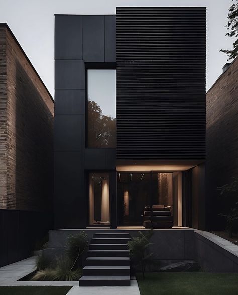 Home Exterior Design Ideas, Dark Modern House, Home Exterior Design, Black Loft, Contemporary House Exterior, Black Interior Design, Exterior Design Ideas, Townhouse Designs, Black Bath