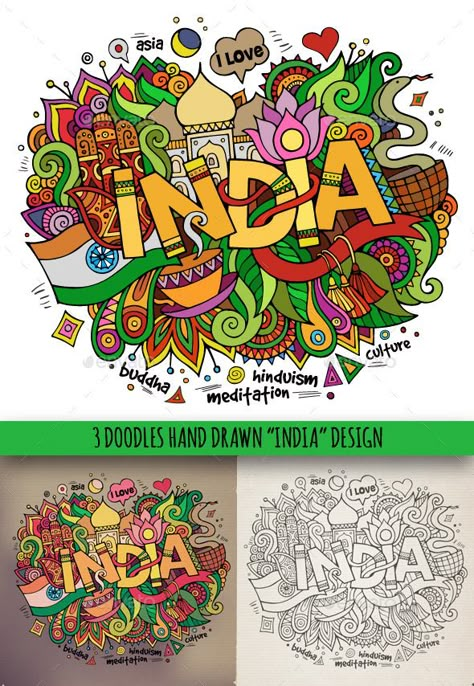 3 India Doodles India Lettering Drawing, India Drawings Ideas, Incredible India Posters, Independence Day Drawing, India Poster, Doddle Art, India Painting, Mandala Art Therapy, India Design