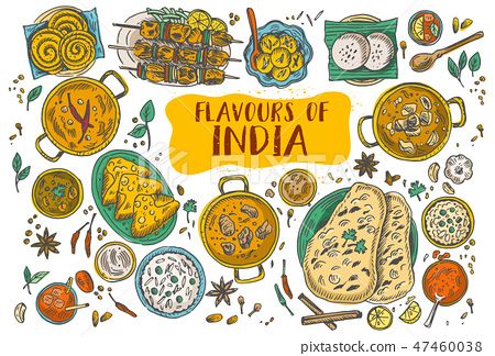 Hand drawn Indian food, Vector Illustration Indian Food Drawing, Litti Chokha, Food Logos, Chole Bhature, Recipe Book Design, Food Vector, Food Doodles, Indian Illustration, Food Wall Art