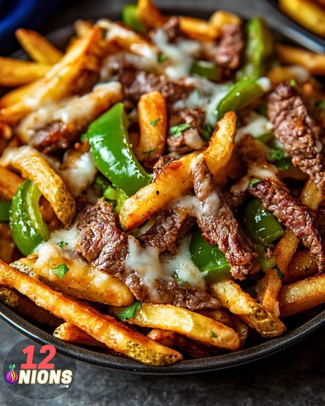 Philly Cheesesteak Fries Philly Cheese Steak Loaded Fries, Philly Cheese Steak Fries, Cheese Steak Fries, Philly Cheesesteak Fries, Cheesesteak Fries, Romantic Breakfast, French Toast Casserole Overnight, Crispy Fries, Loaded Fries