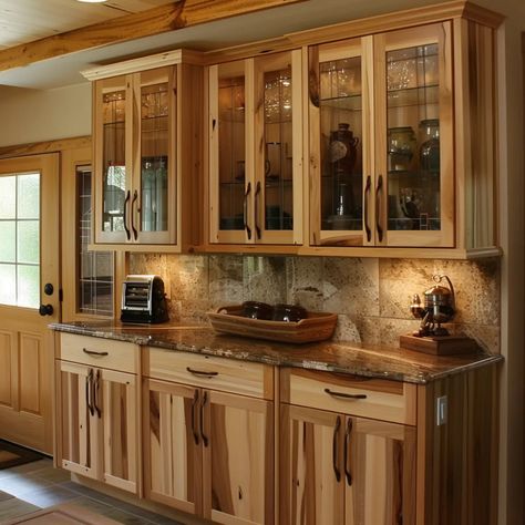 Hickory Kitchen Cabinet with Glass Door Inserts Stains On Hickory Wood, Countertops For Hickory Cabinets, Knotty Hickory Cabinets, Natural Hickory Kitchen Cabinets, Rustic Hickory Kitchen Cabinets, Rustic Hickory Kitchen, Kitchen Cabinets And Flooring, Hickory Kitchen Cabinets, Hickory Kitchen