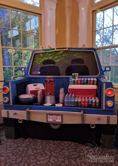 Rent our tailgate bar for your sports fan! It makes a great beverage station and attraction. Lights up and includes its own sound system to set up a tailgate that rocks!  www.innovativepartyplanners.com | Baltimore, MD | 410-998-9999 | #bmoreinnovative Sports Bar Theme Party, Ultimate Tailgate Setup, Truck Tailgate Bar, Tailgate Theme Party, Football Bar Mitzvah, Football Tailgate Party, Tailgate Decorations, Tailgate Bar, Bar Mitzvah Themes