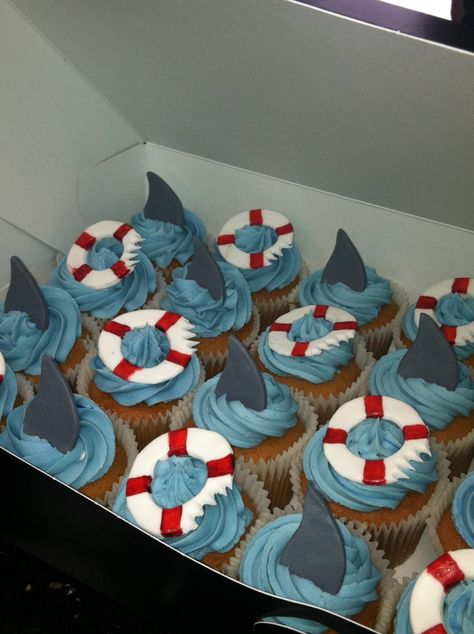 shark fins & life saver cupcakes - cute! Shark Cupcakes, Shark Tail, Shark Themed Party, Shark Themed Birthday Party, Shark Cake, Shark Birthday Party, Shark Fin, Shark Party, Childrens Birthday Cakes