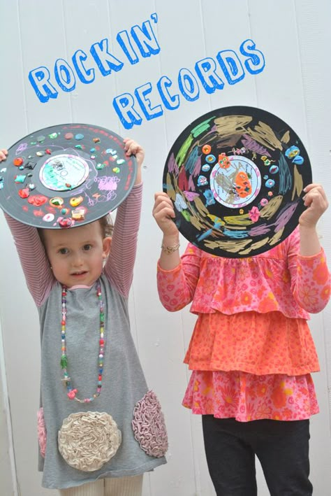 Rockin' Records - Recycled Art Project for Kids. Let your kids create their own rockin' records using old, cupcycled records, paint markers, school glue, and other embellishments. Music Day Crafts For Kids, Rock And Roll Activities, Music Themed Crafts For Kids, Rockstar Crafts For Kids, Music Art For Preschool, Rock And Roll Crafts, 70s Crafts For Kids, Disco Activities For Kids, Disco Crafts For Kids