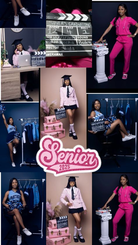 Barbie Graduation Photoshoot, Senior Spotlight Ideas Instagram, Senior Picture Ideas 2025, School Girly Photography, College Photoshoot Ideas, Senior Picture Themes, Senior Photoshoot Ideas High Schools, Senior Banner Poses, Highschool Photoshoot