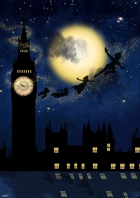 London Peter Pan, Peter Pan Flying Over London, Peter Pan Poster, Neverland Aesthetic, Peter Pan Flying, Peter Pan Wallpaper, Peter Pan Art, London Drawing, Cute Backgrounds For Iphone