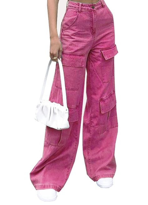 aesthetic cargo pants outdit, y2k outfits, hot pink outfits, cargo pants, bright pants for women. #fashion #cargopants #hotpink #streetstyle #streetwear #summer Pink Leather Pants, Womens Casual Dress Pants, High Waist Baggy Jeans, Baggy Jeans For Women, Pink Cargo Pants, Y2k Baggy Jeans, Ripped Jeans Women, Jeans Store, Basic Blouses